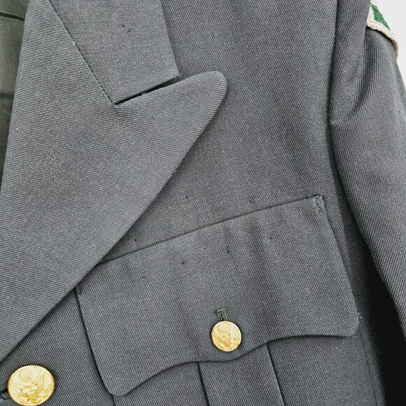 US Army Green Poly Wool Dress Coat Jacket 38S Uniform Patches Buttons Vintage - Picture 5 of 16
